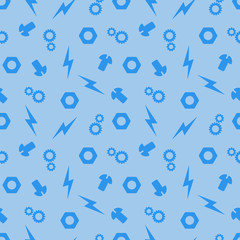 Seamless vector pattern pieces, nuts, screws, gears, lightning dark blue on a blue background, randomly located for boys mechanisms
