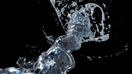 Spinning vortex torado of water splash of liquid on an isolated black background with reflections and spinning stream, the surface of the liquid from the crystalline nature of water. 3d illustration