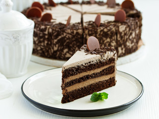 A piece of chocolate cake. Selective focus.