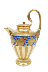 An ancient porcelain kettle, gilding, on a white background.