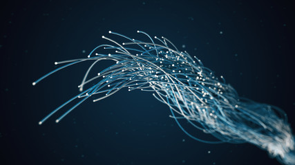 Spreading blue fiber wires in space. Camera movement for wires. The concept of distribution and transmission of information in the digital world. 3d illustration