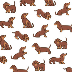Cartoon happy dachshund - simple trendy pattern with dogs on white background. Flat vector illustration for prints, clothing, packaging and postcards. 