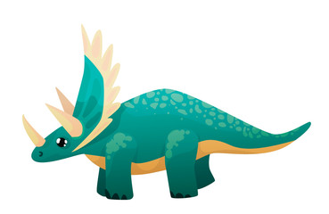 Blue cute triceratops with big eyes full length in profile with white horns and a crest, cartoon style, on a white background, isolated. - obrazy, fototapety, plakaty