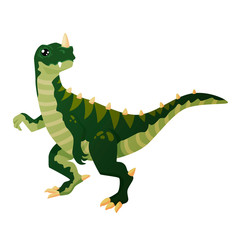 The predatory dinosaur, ceratosaurus, looks like a tirex, a full-grown green darling with big eyes on an isolated white background, with a raised paw standing on its hind legs. Dinosaur has a horn