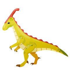 Parasaurolophus dinosaur green red, full-length in cartoon style on an isolated white background, with short arms
