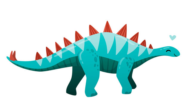 Little cute turquoise blue stegosaurus with a red ridge, closed his heart over his head, a smile. Bright triangular stripes on the back, cartoon style, isolated on white background.