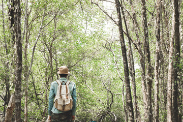 A man standing among mangrove forest with backpack Travel Lifestyle wanderlust adventure concept summer vacations outdoor alone into the wild,Phang Nga,Koh Yao Yai,Thailand