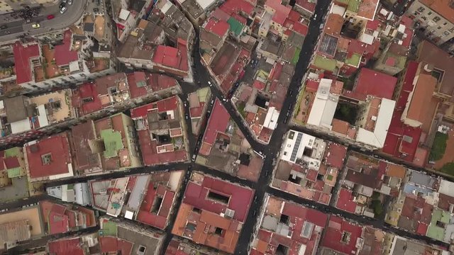 Aerial view of the quarters of Naples. Flight of the drone over the narrow streets and houses of the Spanish quarter.