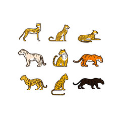 Wild cats icon set. Different type of wild cats. Vector illustration for prints, clothing, packaging, stickers, stickers.