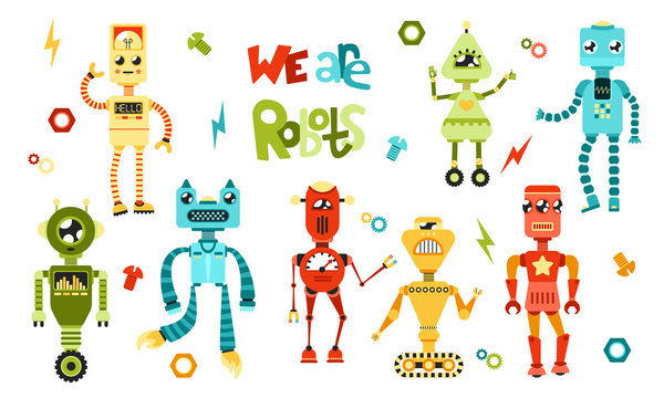 Set vector multicolored cute different robots with the text "we are robots" on a white background eight robots with small elements for children kids