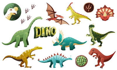 A large set of several dinosaurs, dinosaur footprints, the word DINO, drawn in one style, color, for the decoration of textiles, children's books. On a white background, isolated. Cute fossil animals 