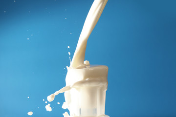Milk splash on blue background