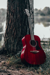 red guitar on grass