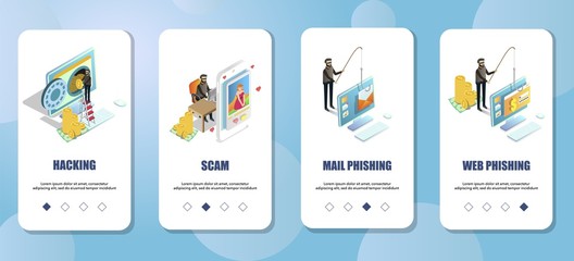 Cyber crimes mobile app onboarding screens vector template