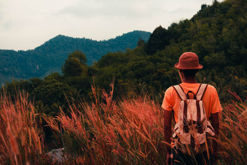 Fototapeta na wymiar A man standing in communist grass flower field and looking forest on mountains with backpack Travel Lifestyle wanderlust adventure concept summer vacations outdoor alone into the wild