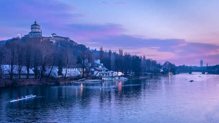 Sunset on river Po, Turin, Piedmont, Italy.