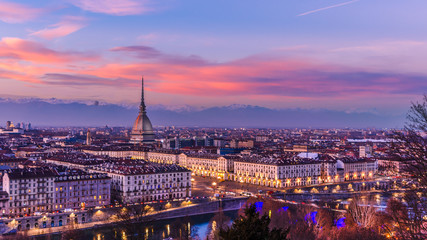 Landscape of Turin, from Monte dei Cappuccini at sunset, Italy.