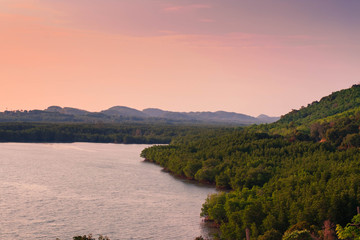 beautiful scenery of landscape in sunset there is river and mountain,Thailand,Phang nga,Koh yao yai