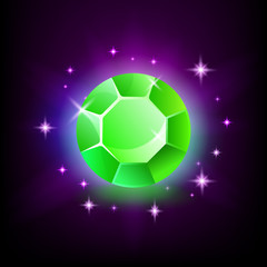 Round green emerald shining gemstone with magical glow and stars on dark background vector illustration.