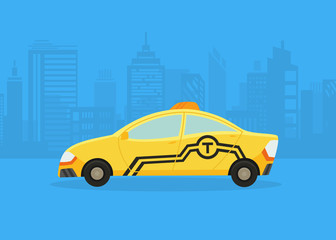 Cars on the city panorama. Taxi service. Yellow taxi cab. Taxi application, city silhouette with skyscrapers and towers.