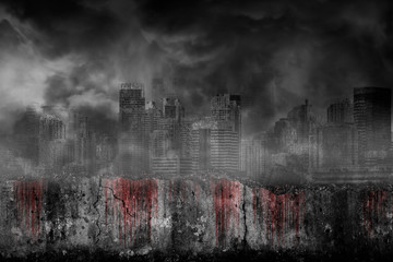 Bloody background scary on damaged grungy crack and broken concrete wall in abandoned large cities...