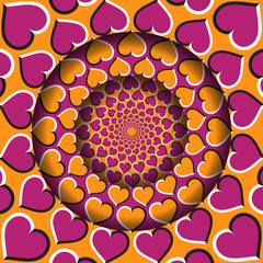 Abstract round frame with a moving orange pink hearts pattern. Optical illusion hypnotic background.