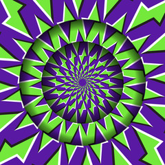 Abstract round frame with a moving green purple polygons pattern. Optical illusion hypnotic background.