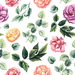 Seamless Pattern of Watercolor Flowers and Foliage