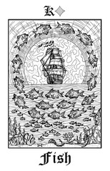 Fish or ship symbol. Tarot card from vector Lenormand Gothic Mysteries oracle deck.