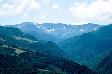 mountain landscape, mountains, green trees, valley, glaciers. Arkhyz, Karachay-Cherkessia, Russia