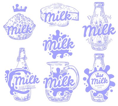 Vector set of fresh and natural milk emblems, logos, badges and labels