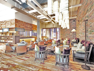3d render of modern restaurant, cafe interior.