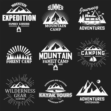 Vector set of vintage outdoor adventure labels, badges and logos