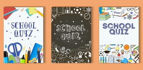 School quiz poster template set, vector illustration