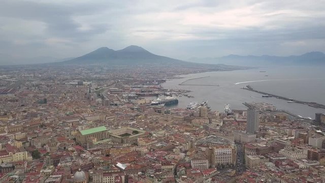Aerial view of Naples, video shot on a drone. Flight of a drone over Naples overlooking the bay and Mount Vesuvius.