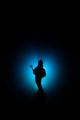 Fototapeta na wymiar This shot of an underwater statue was taken at night by a scuba diver. The statue of the Guardian of the Reef has been backlit to create a silhouette effect. Negative space has been left deliberately