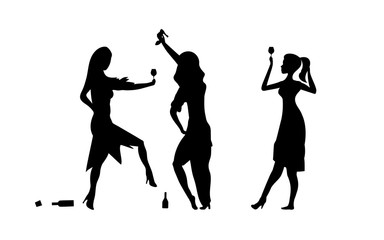 Naklejka na ściany i meble Three Girls, womens. Ladys drinking. Drunk people, drunk party event, vector silhouettes. Bachelor holiday, illustration on white background. Stag party.