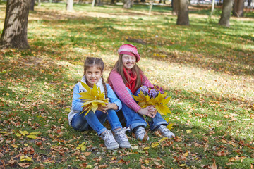 Girl with Down syndrome and little girl in autumn park.