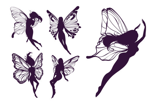 Cute Fairy art. Beautiful Fairies silhouette collection, Little fairies set. Hand drawn vector illustration 