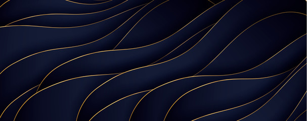 Luxuspapier geschnittener Hintergrund, abstrakte Dekoration, goldenes Muster, Halbtonverläufe, 3D-Vektorillustration. Schwarze, weiße, blaue, goldene Wellen Cover-Vorlage, geometrische Formen, modernes minimales Banner.