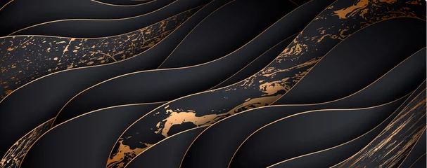 Foto auf Acrylglas Abstrakte Welle Luxuspapier geschnittener Hintergrund, abstrakte Dekoration, goldenes Muster, Halbtonverläufe, 3D-Vektorillustration. Schwarze, weiße, blaue, goldene Wellen Cover-Vorlage, geometrische Formen, modernes minimales Banner.