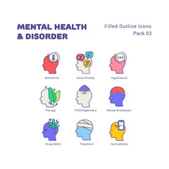 Mental Health and Disorder filled outline icons set