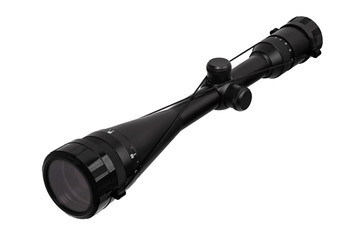 modern black optical scope for weapon isolated on whited. sight scope isolated on white back.