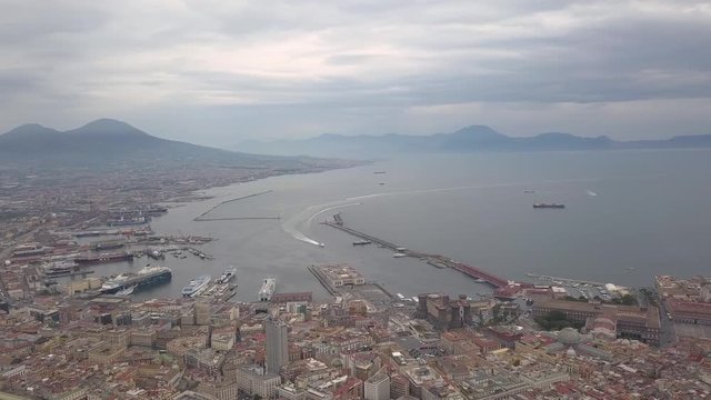 Aerial view of Naples, video shot on a drone. Panoramic view of the city. Flight of a drone over Naples overlooking the bay and Mount Vesuvius.