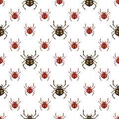 Pixel seamless pattern with 8 bit spider. Vector Illustration.