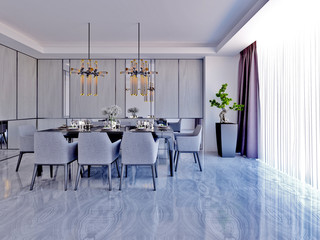 Dining room interior design in modern appartment 3D Illustration