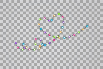 Christmas lights with heart one line. Colorful Xmas garland with heart one line. Vector red, yellow, blue and green and purple glow light bulbs on transparent background.
