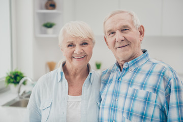 Close up photo of pretty cute pair looking feel positive cheerful content indoors