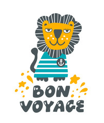 Lion as a sailor funny poster for kids room.