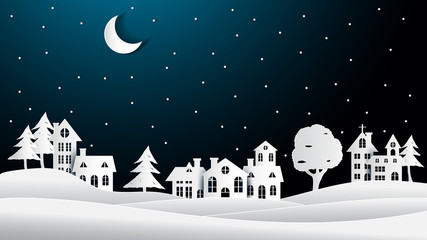 winter night landscape with houses and trees